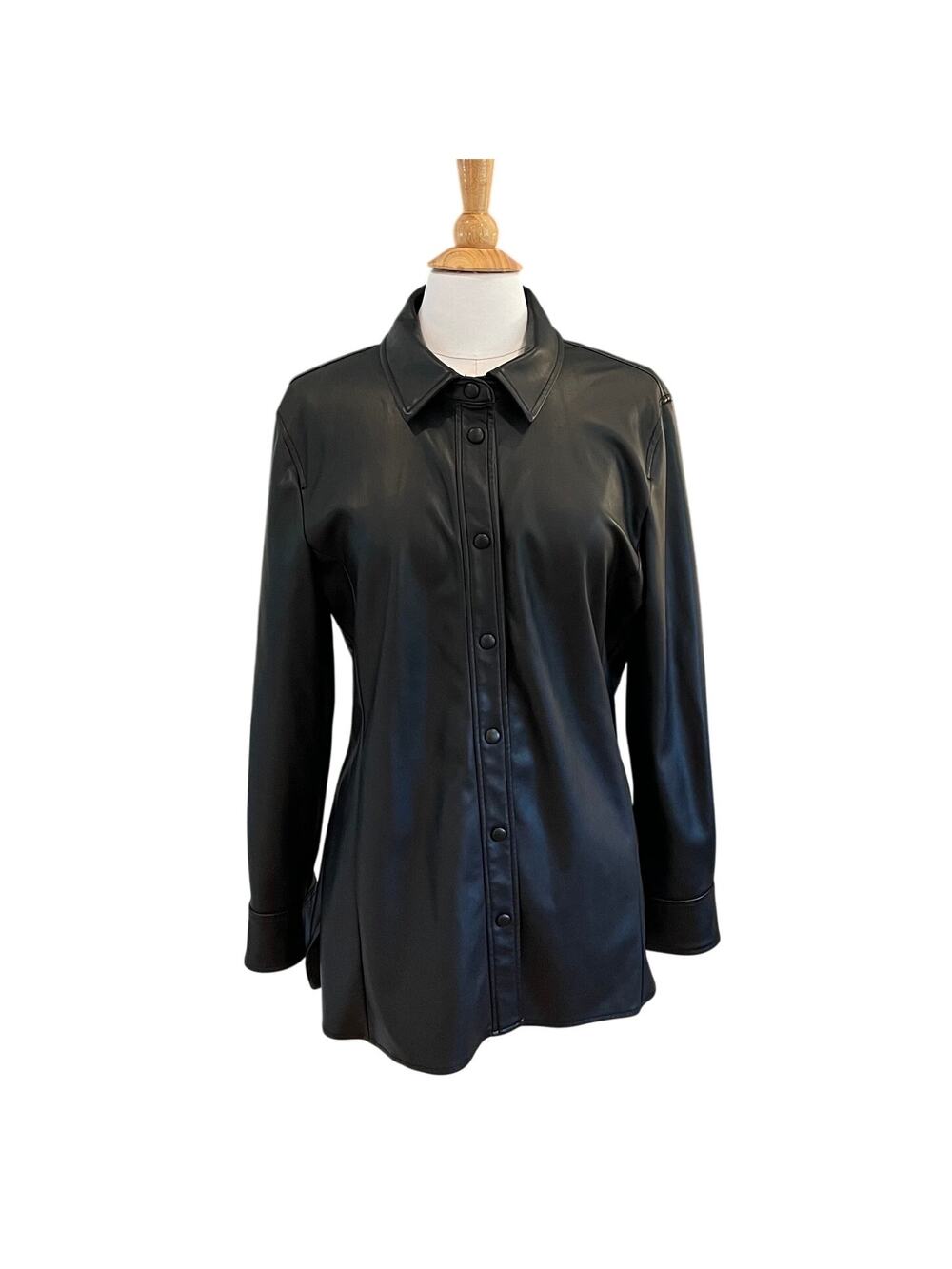 7 For All Mankind Black Faux Leather / Vegan Leather Shirt Jacket, Size L